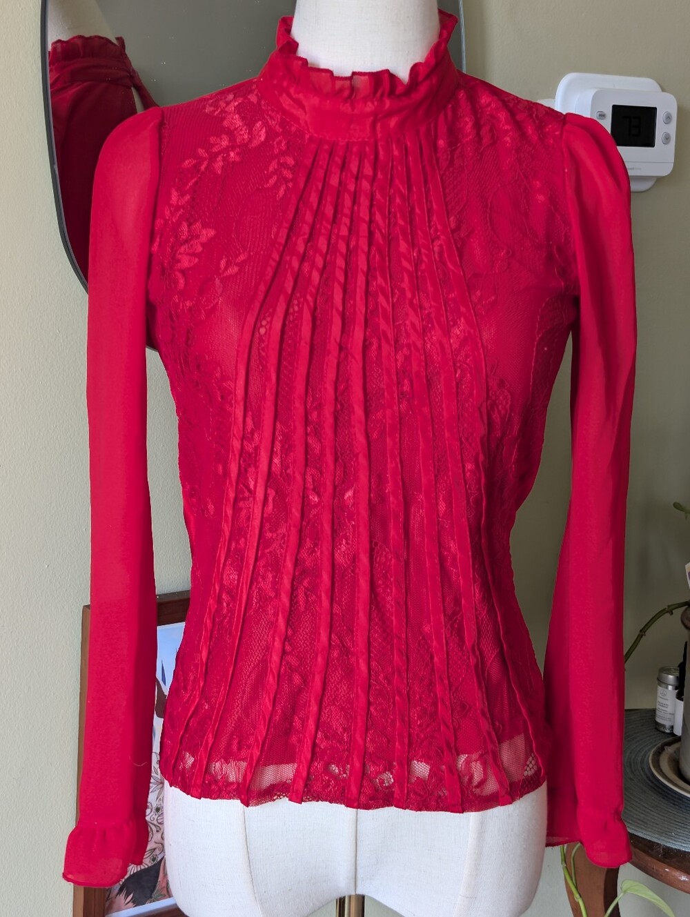 Red Lace Pintuck High-Neck Women's Size Medium Blouse